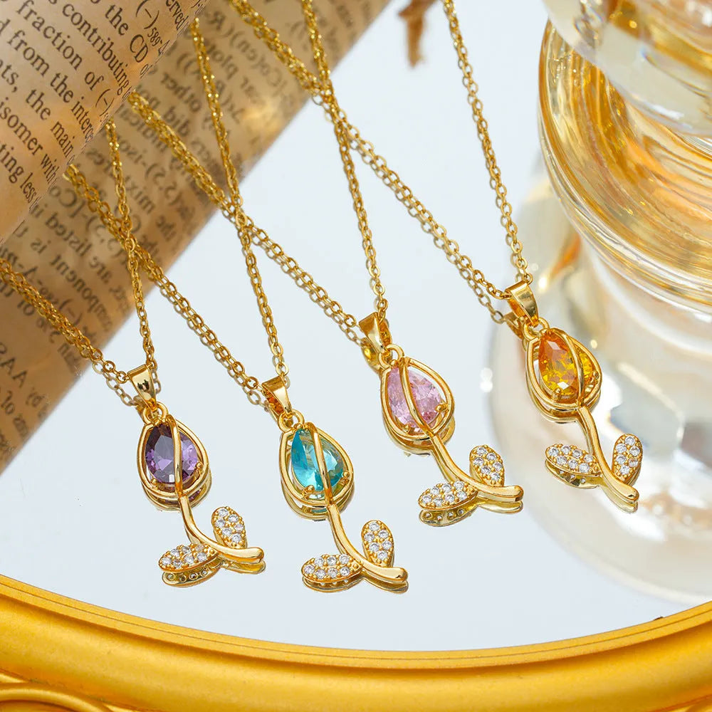 Zircon tulip flower necklace for women in gold colour on adjustable titanium steel chain.