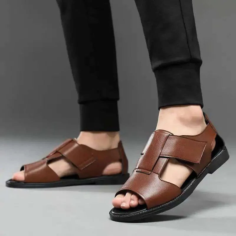 Men's black and brown casual leather sandals with open-toe design and rubber sole.