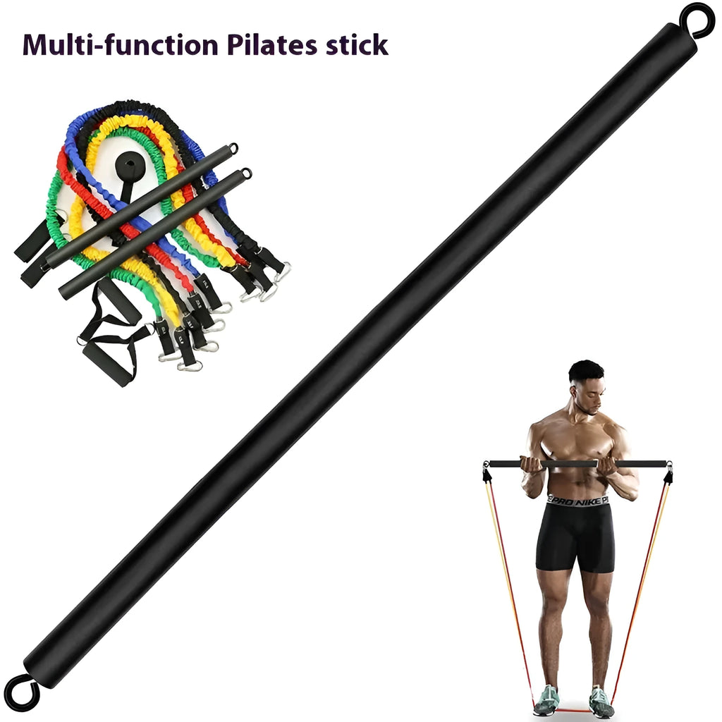 Fitness push and pull rod stick with two segments and a rope for resistance training.