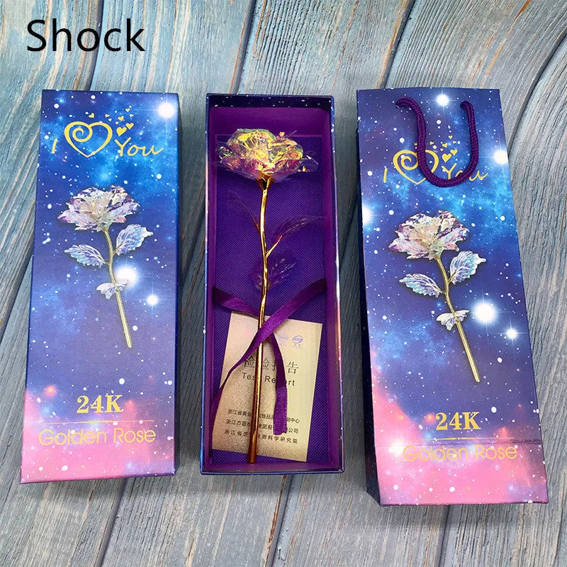 24K luminous colour gold rose flower set in gift box with tote bag