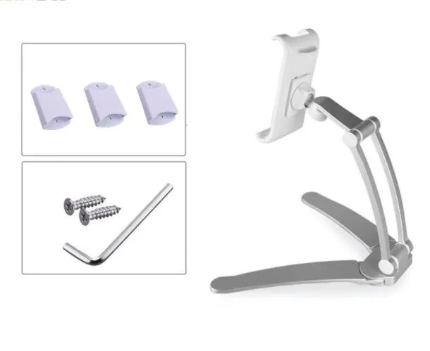 Silver aluminum alloy tablet stand with white mount holding tablet at adjustable angle