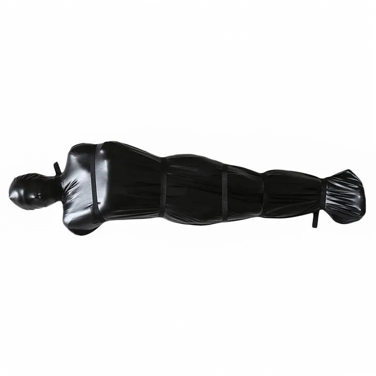 Black patent leather bondage set showing full coverage body wrap with six ratchet tie down restraints