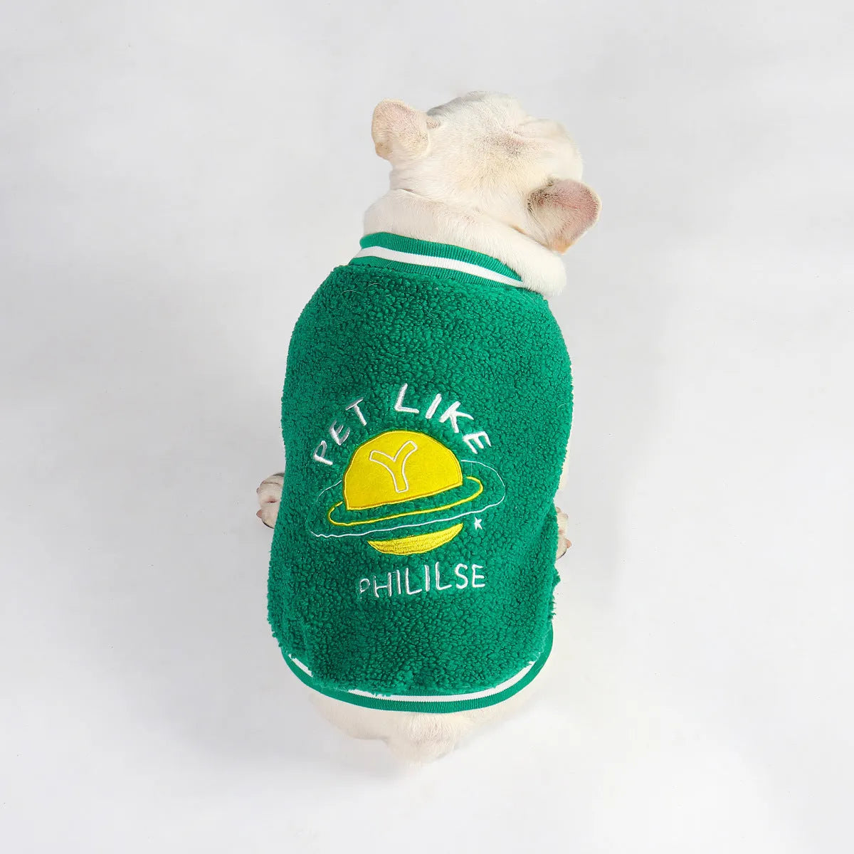 Green fleece-lined cotton dog winter clothing shown in larger size for cold weather walks