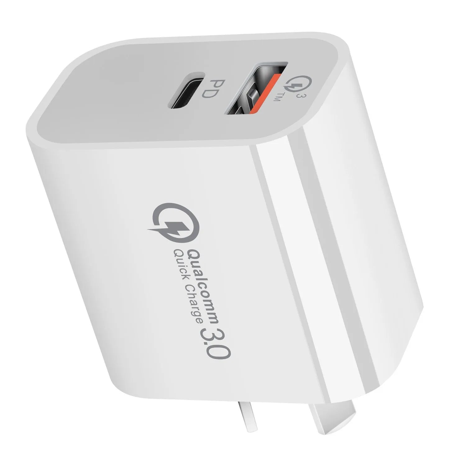 White dual port Australian standard wall charger with USB-A and USB-C ports, 63x40x22mm