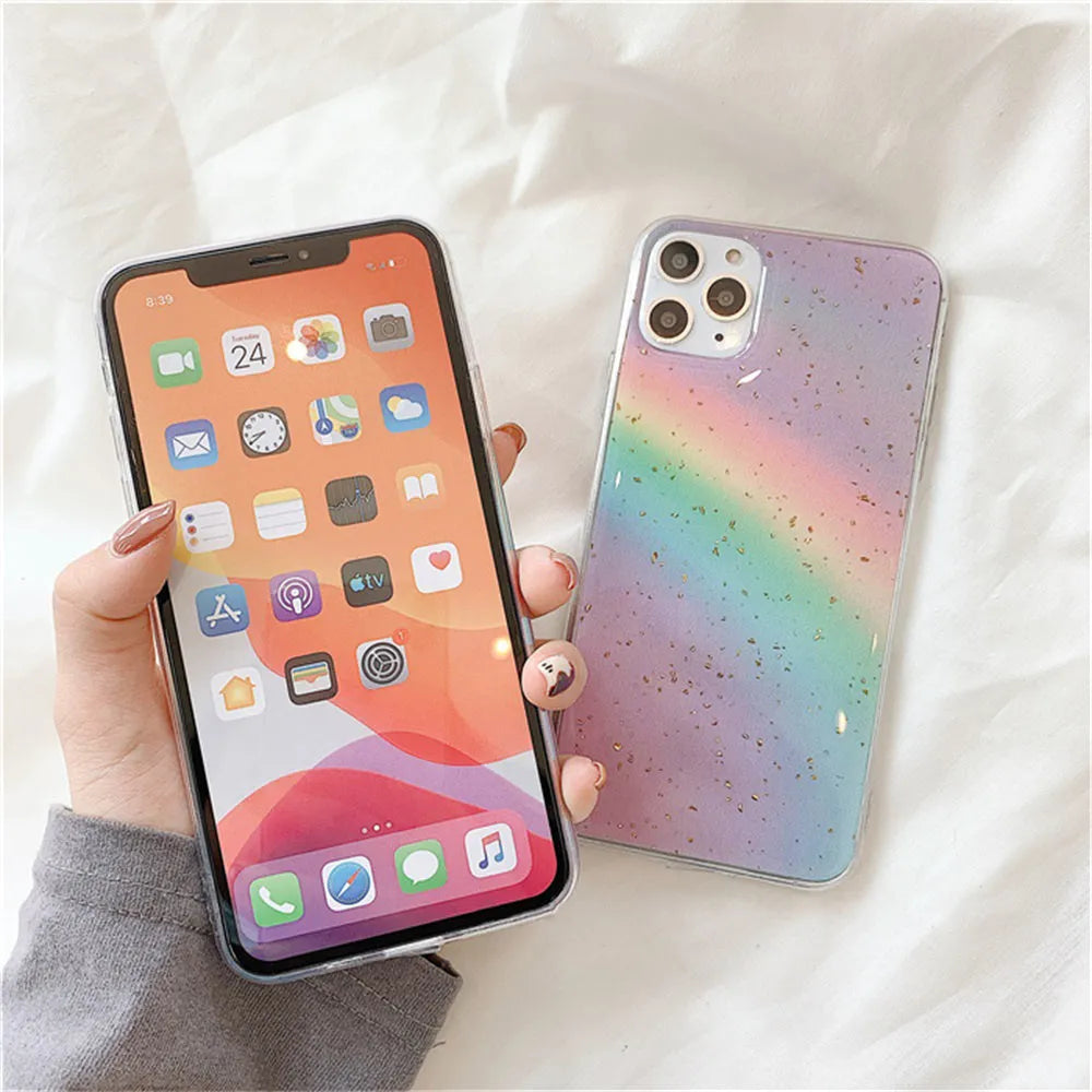 Rainbow gradient iPhone case with striped design for various models.