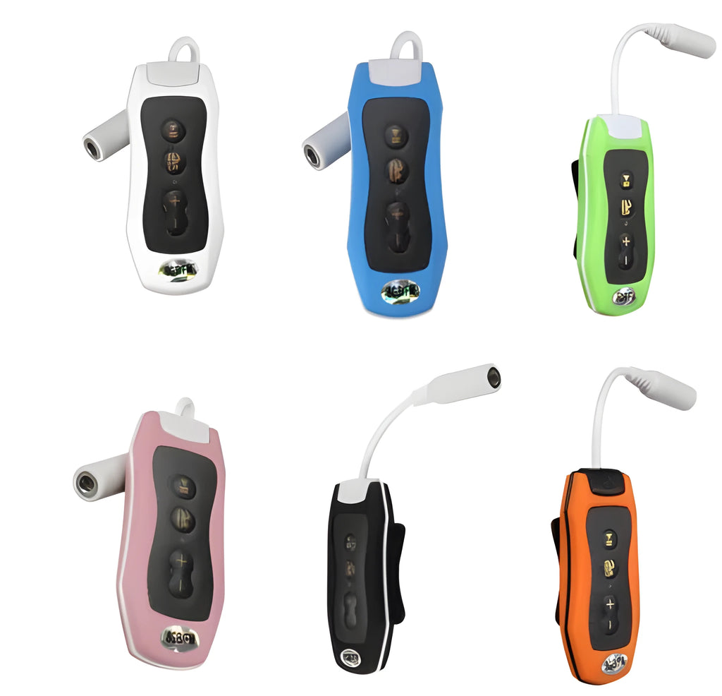 Compact waterproof IPX68 Bluetooth MP3 headset in six colours: black, blue, green, orange, pink, white.