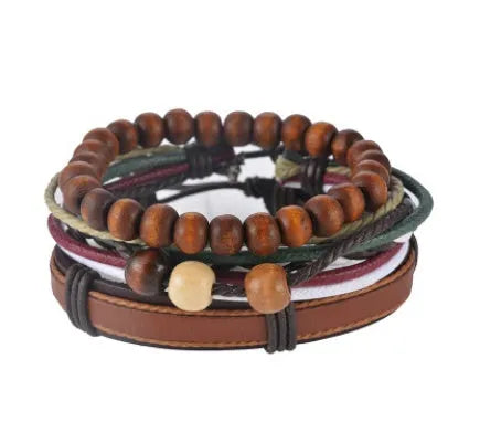 Handmade adjustable leather bracelet with wooden beads and multi-layer wrap design