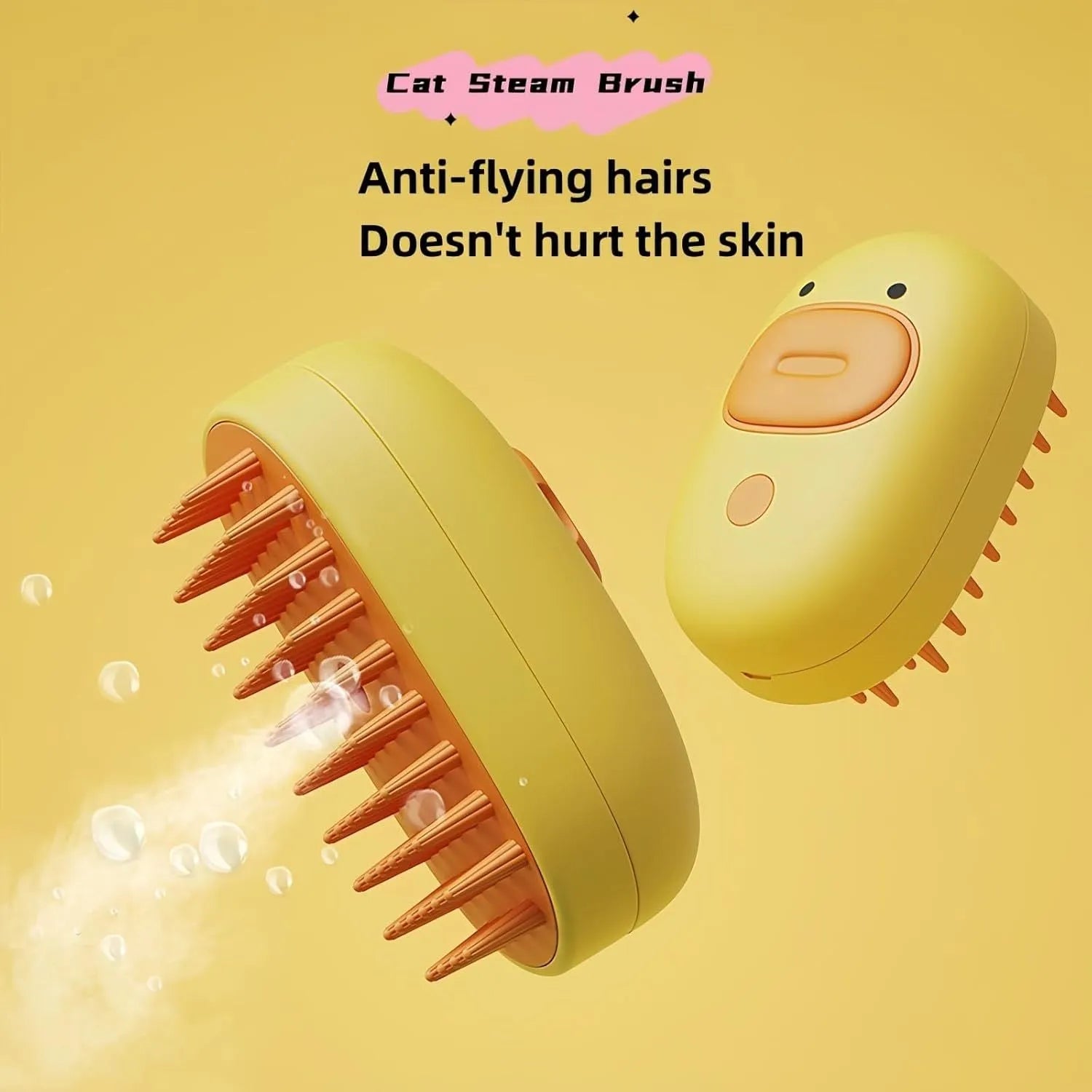 White and yellow rechargeable steam brush for grooming dogs and cats on a table.