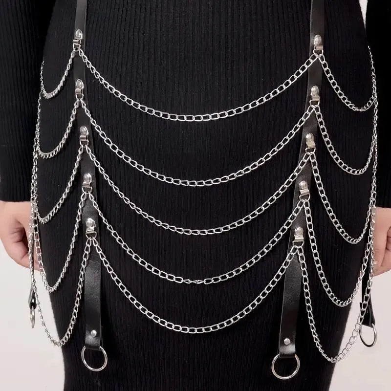 Black PU leather waist chain ornament with bandage binding chain design