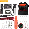 Black outdoor survival tool set box 168x105x48mm with rope fire stick compass whistle carabiner and fishing accessories