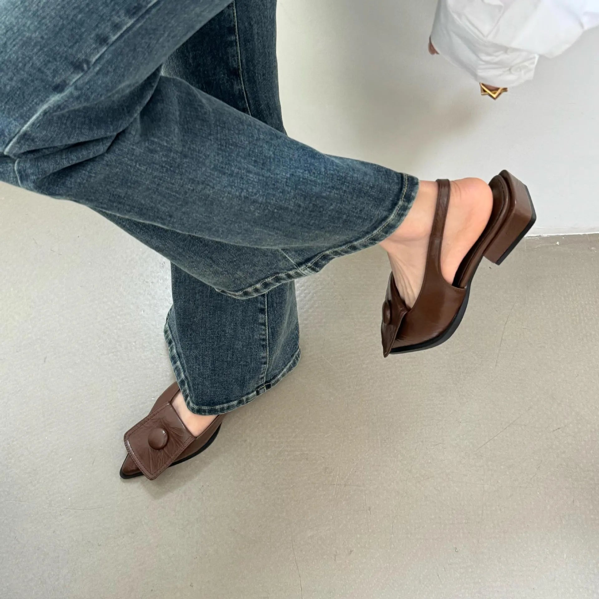 Women's low heel pointed toe sandals with back strap in apricot, black, brown, and silver colours