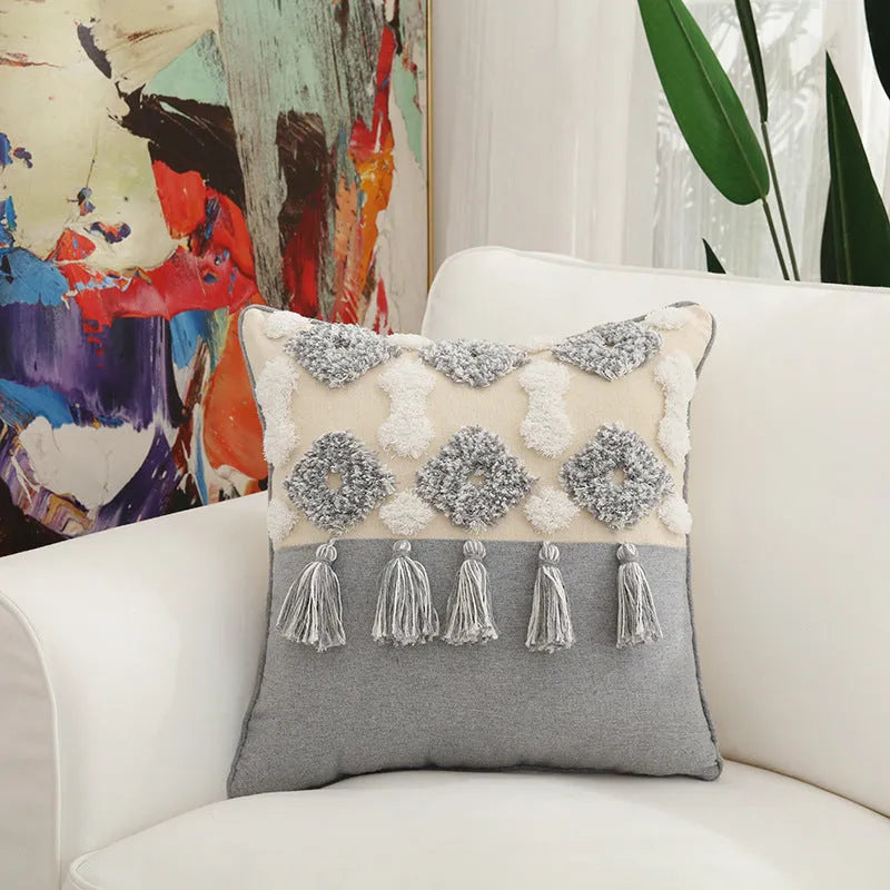 45x45cm cotton velvet embroidered retro pillowcase with tassel in grey