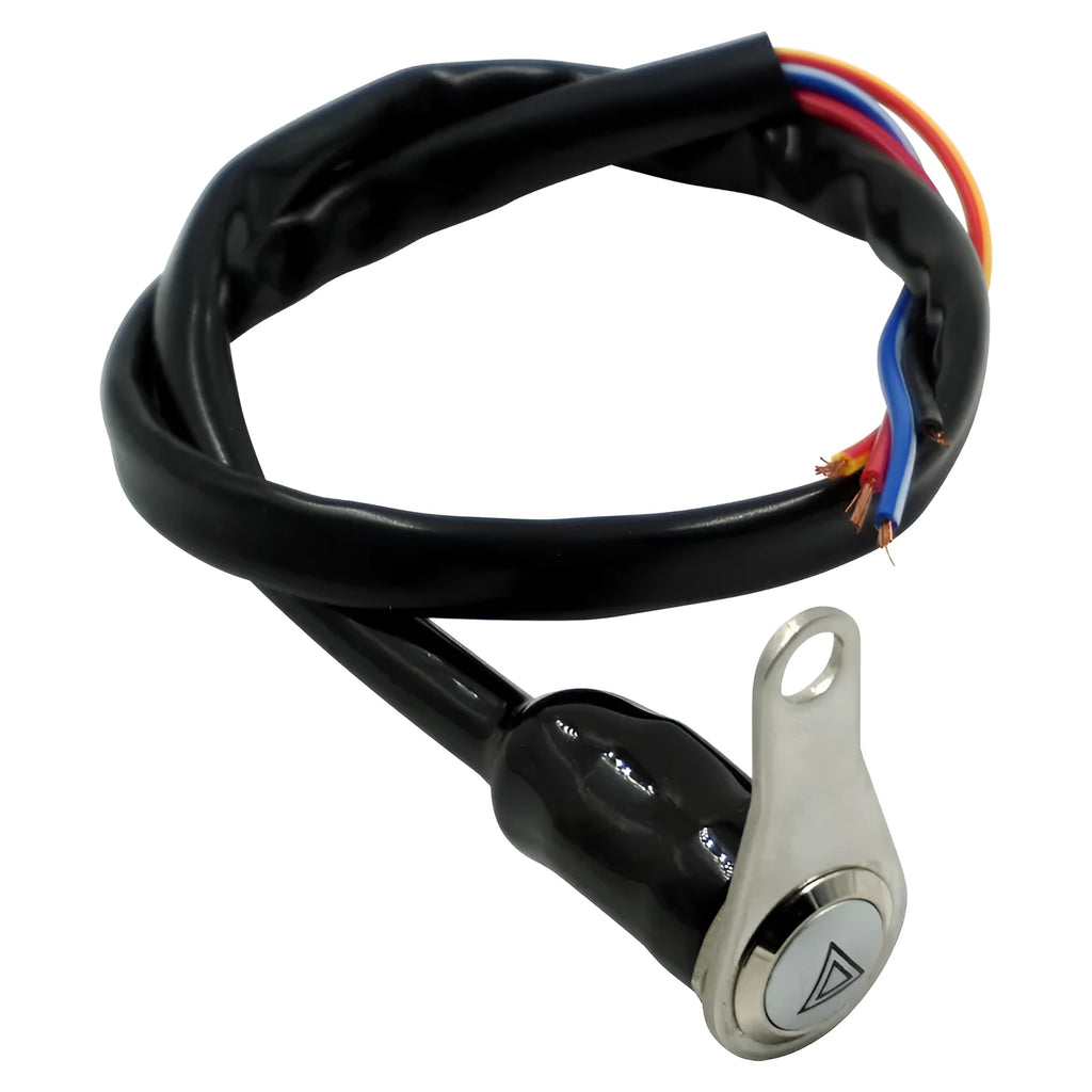 Black stainless steel motorcycle double flash switch with a central button and illuminated light ring.