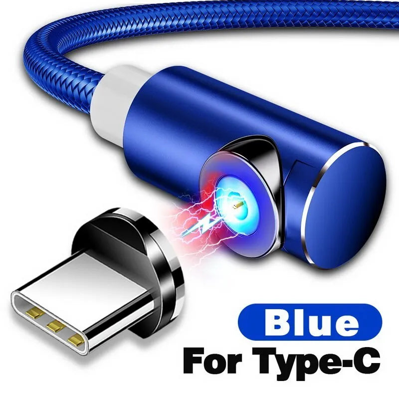 L-shape magnetic charging cable with aluminium housing in black, red, gold, or silver, showing Micro USB, Lightning and Type-C plug heads.