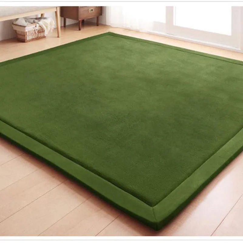 Thick coral velvet non-slip tatami mat in olive green, hand woven finish, placed on wooden floor