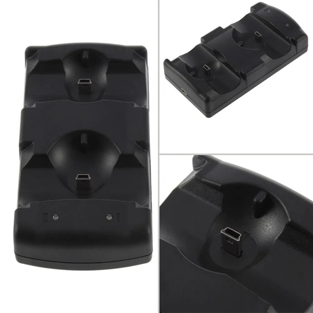 Black PS3 dual controller charging dock station with USB cable, shown charging two wireless controllers.