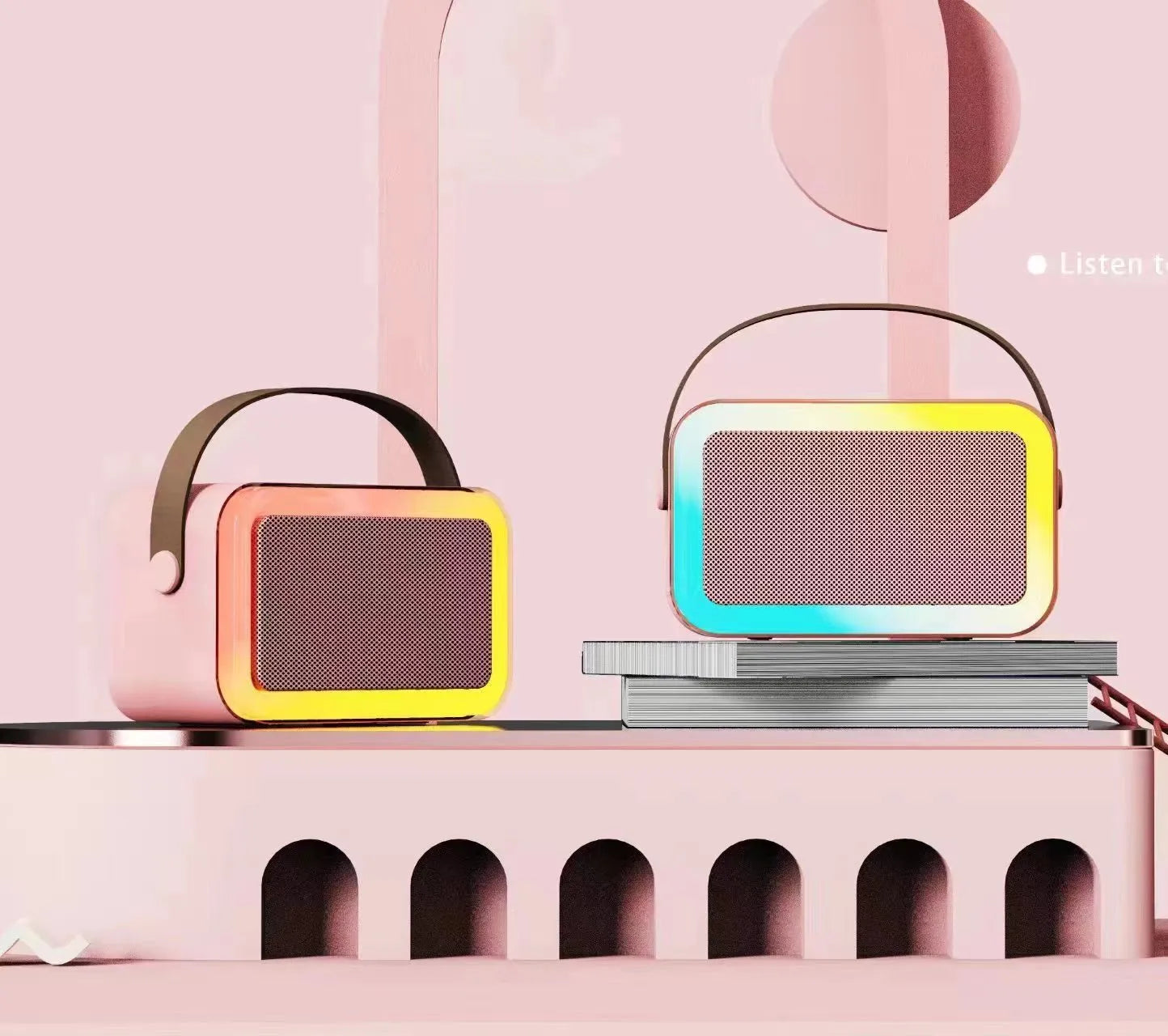 Bluetooth karaoke speaker with LED coloured lights in white, pink, or sky blue with microphone