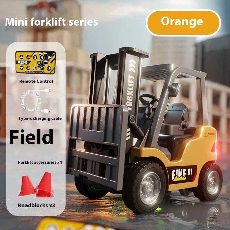 1:64 scale alloy remote control forklift with Bluetooth connectivity and obstacle course accessories