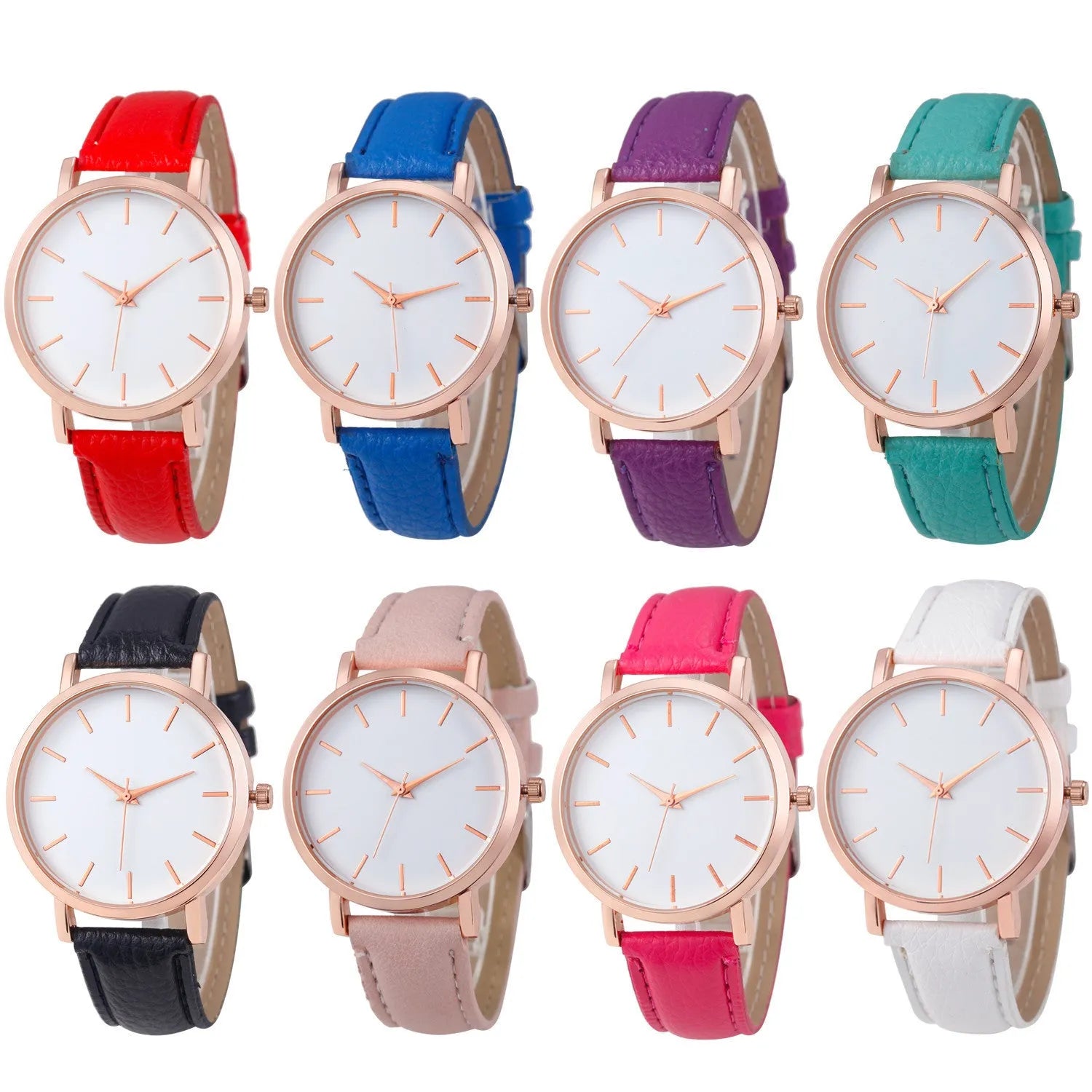 35.5mm square alloy case quartz watch with a PU leather strap, shown in a selection of colours.