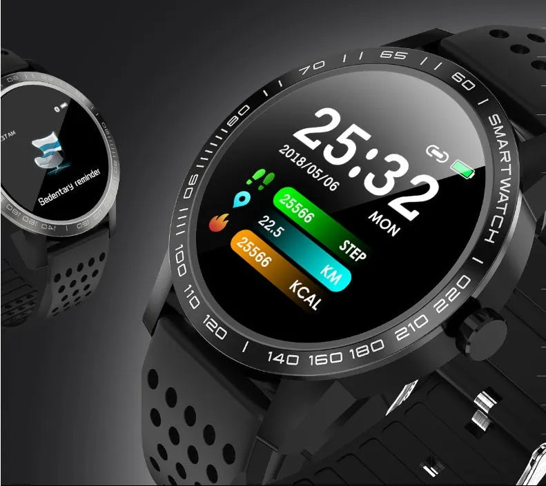 Black and blue smart bracelet with colour screen showing heart rate and fitness data