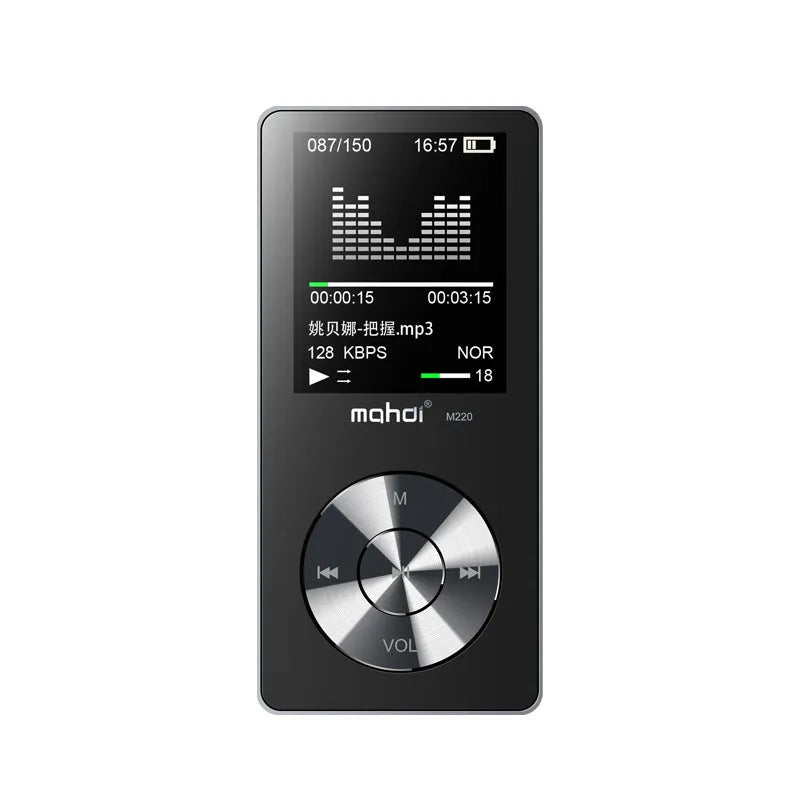 Gold all-metal MP3 music player with 1.8-inch screen showing menu, 3.5mm headphone jack, and control buttons.