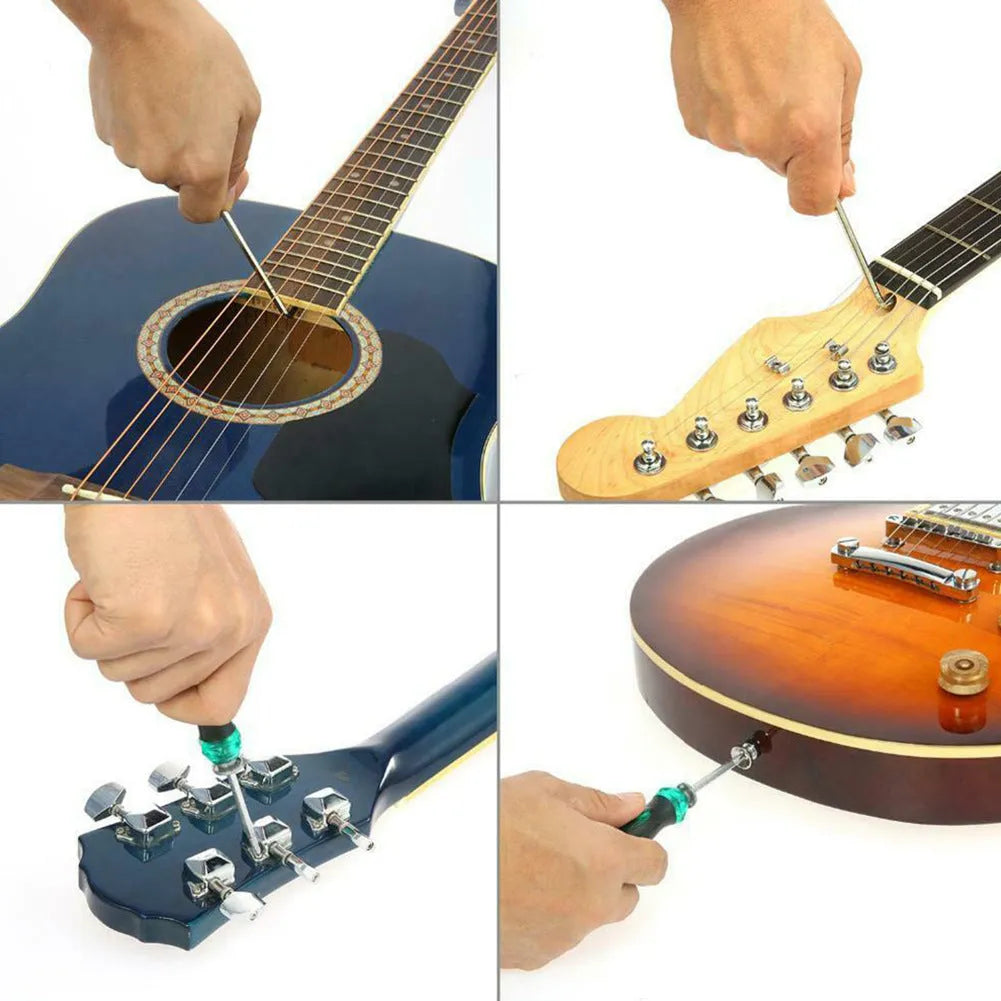 Black plastic and metal guitar repair kit for guitar, bass, mandolin, and banjo.