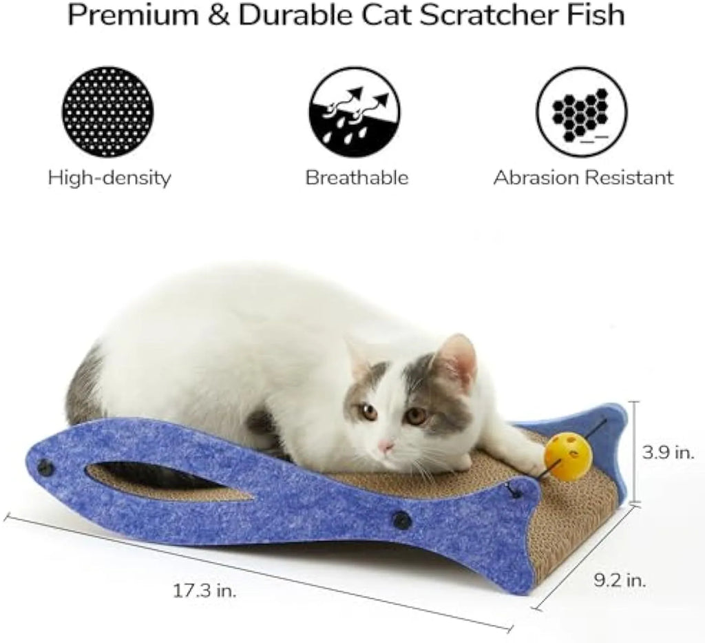 Blue fish-shaped cardboard cat scratcher lounge with a hanging ball toy for cats.