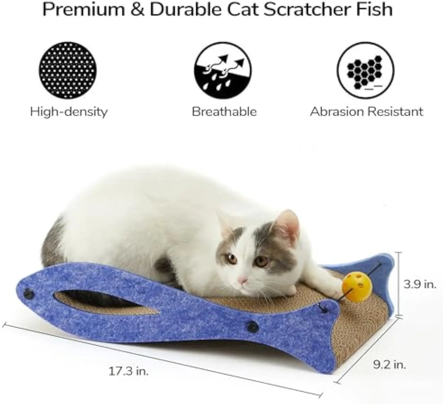 Blue fish-shaped cardboard cat scratcher lounge with a hanging ball toy for cats.