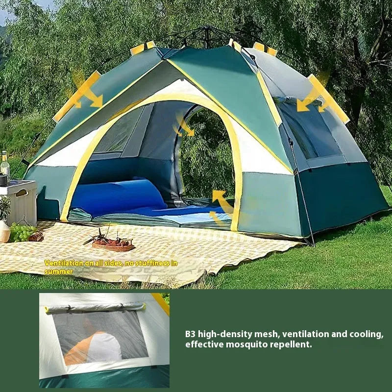 Dark green automatic pop-up camping tent for three to four people, fully set up with door and window open.