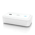 White cell phone disinfection box with USB cable, mechanical timer dial, and slot for smartphone insertion