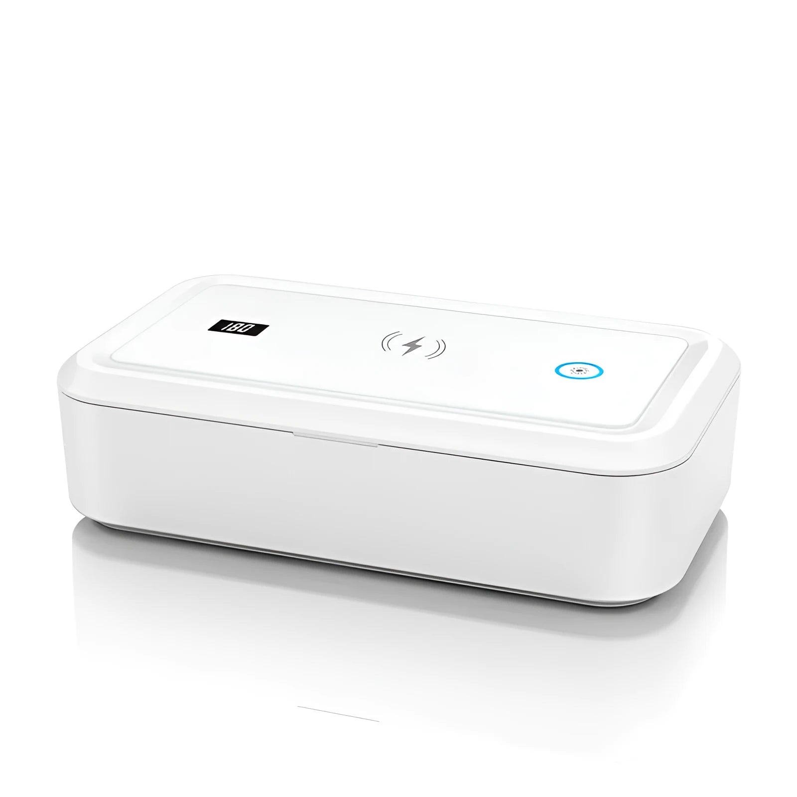 White cell phone disinfection box with USB cable, mechanical timer dial, and slot for smartphone insertion