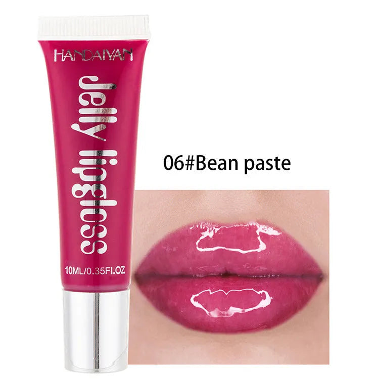 Jelly glass moisturising lip gloss tube in Pearl White shade with carton packaging and 12 colour options