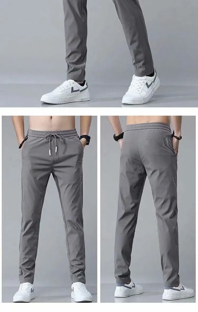 Men's Khaki drawstring trousers with loose straight leg and elastic waist, Korean casual style