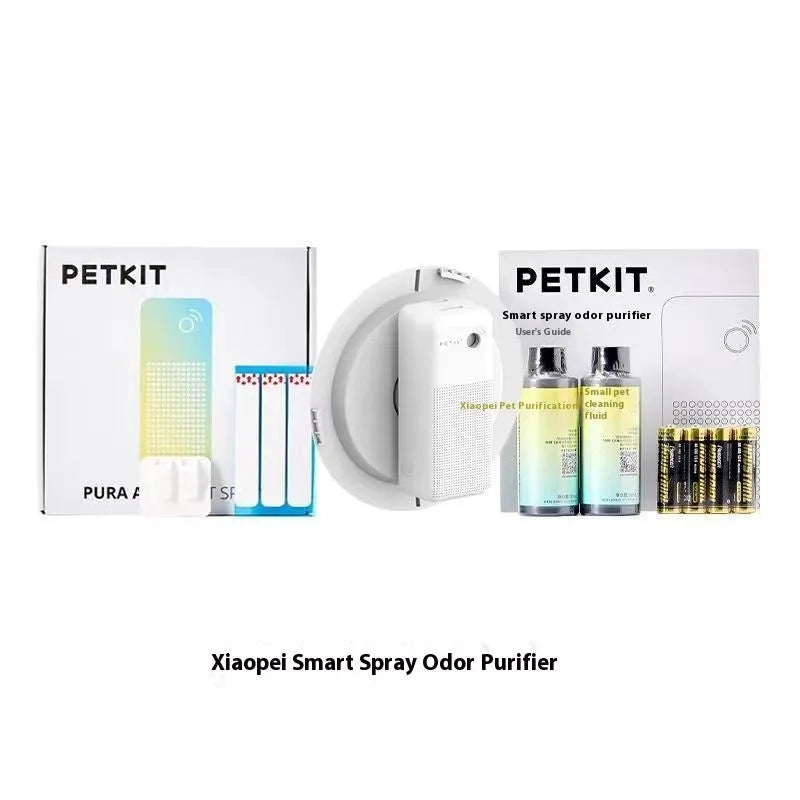 White PVC smart spray deodorizer unit with external mounting bracket for pet litter box odour control.