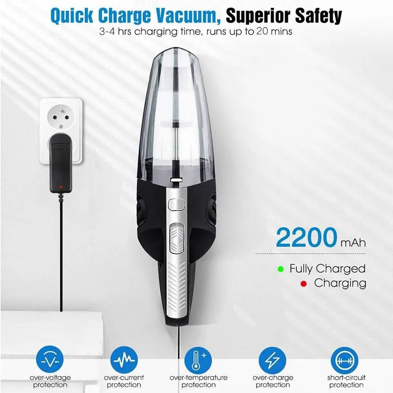 Black portable rechargeable car vacuum cleaner with 120W motor and 2200mAh lithium battery on a white surface