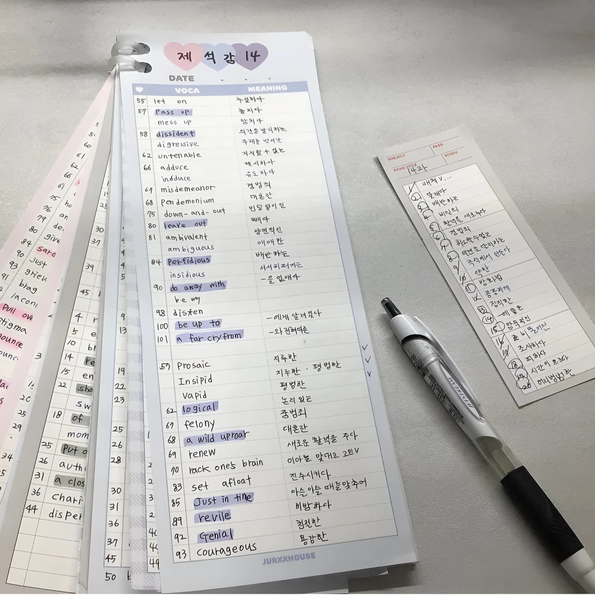 Vertical format B5 half-size notepad with English word printing in pink, purple, or blue cover options