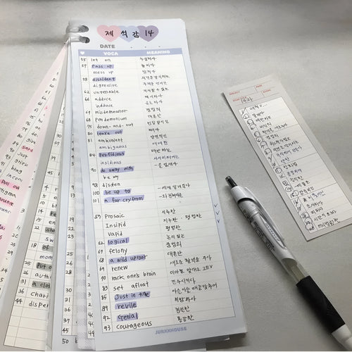 Vertical format B5 half-size notepad with English word printing in pink, purple, or blue cover options