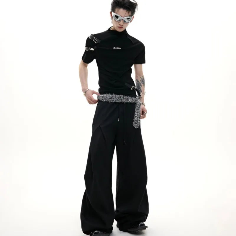 Men's slim fit cotton T-shirt with metal belt design and stand-up collar in black