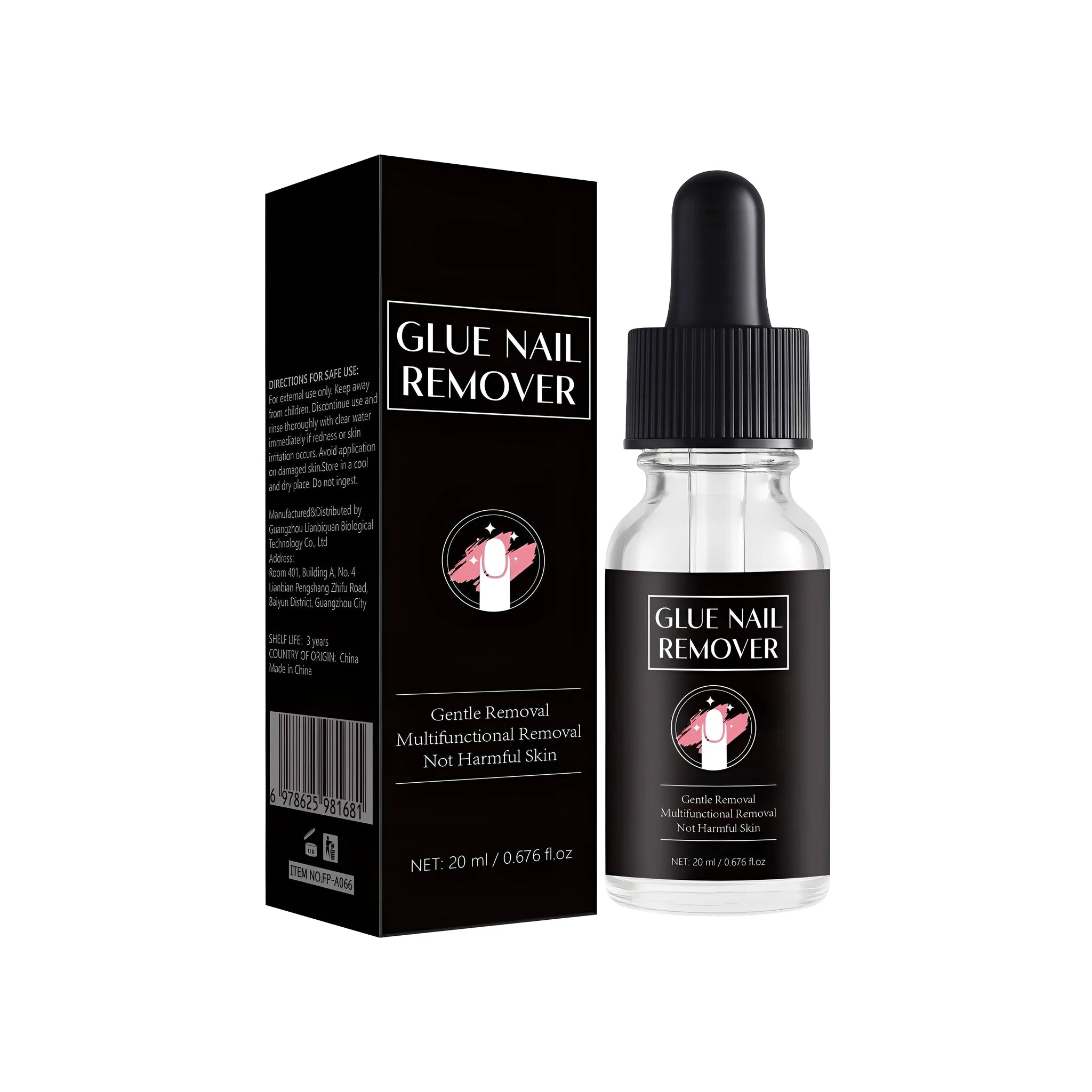 20ml bottle of nail glue remover gel with applicator tip, specification FP-A066.