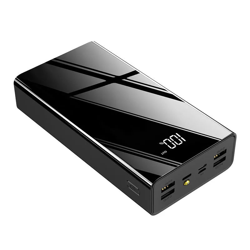 Large black or red 40000mAh power bank with LCD digital display showing battery level.