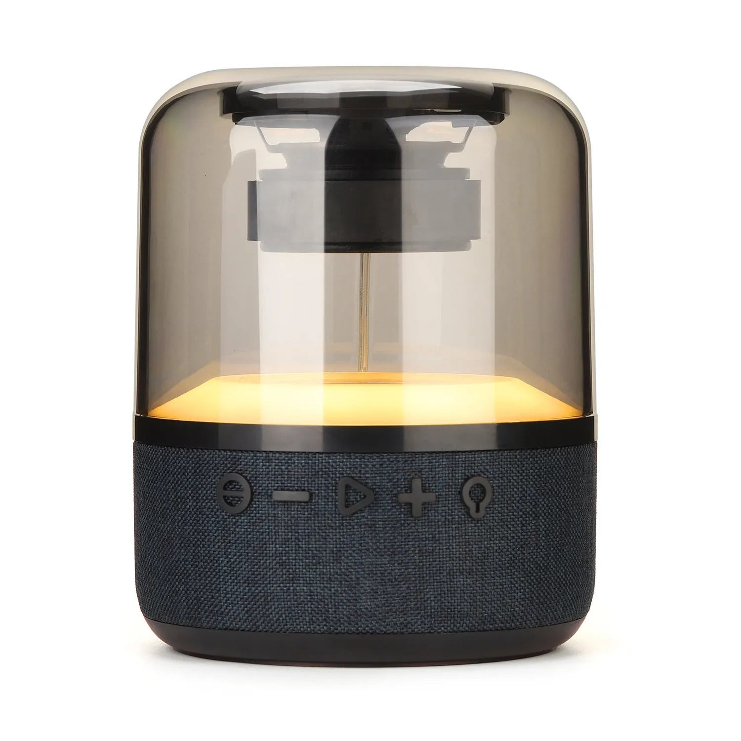 Black wireless Bluetooth speaker with touch controls, showcasing its compact design and 360-degree sound output.
