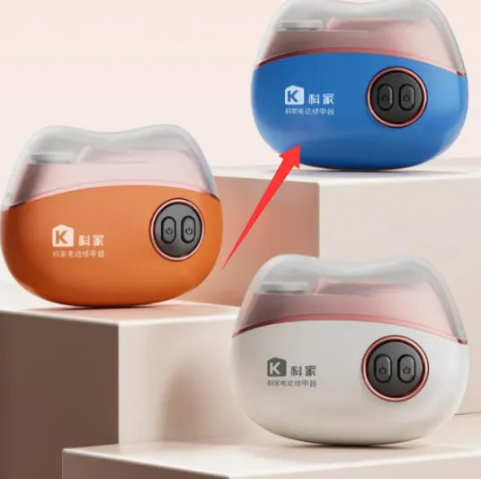 Blue, orange and white electric nail clipper and polisher two-in-one device with USB Type-C cable and cleaning brush.