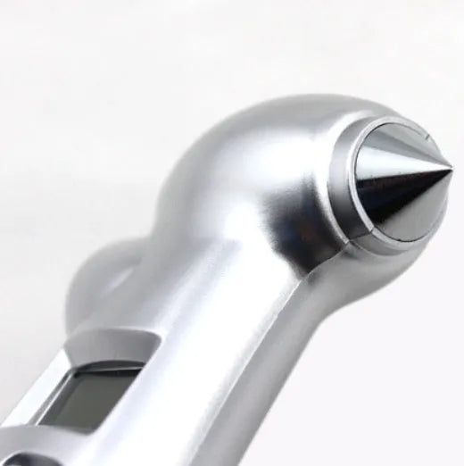 Four-in-one digital tyre pressure gauge with stainless steel safety hammer and emergency light in silver colour