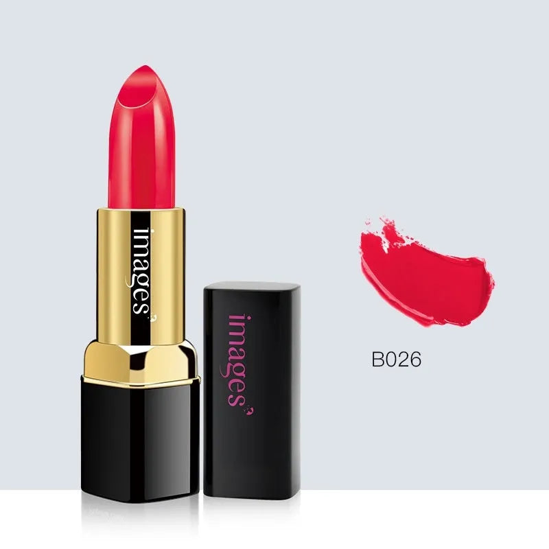 Moisturising lipstick in a case showing one of ten colours, including coral red, bright orange, and baby pink.