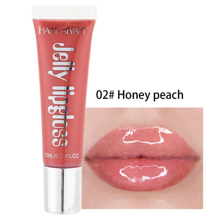 Jelly glass moisturising lip gloss tube in Pearl White shade with carton packaging and 12 colour options