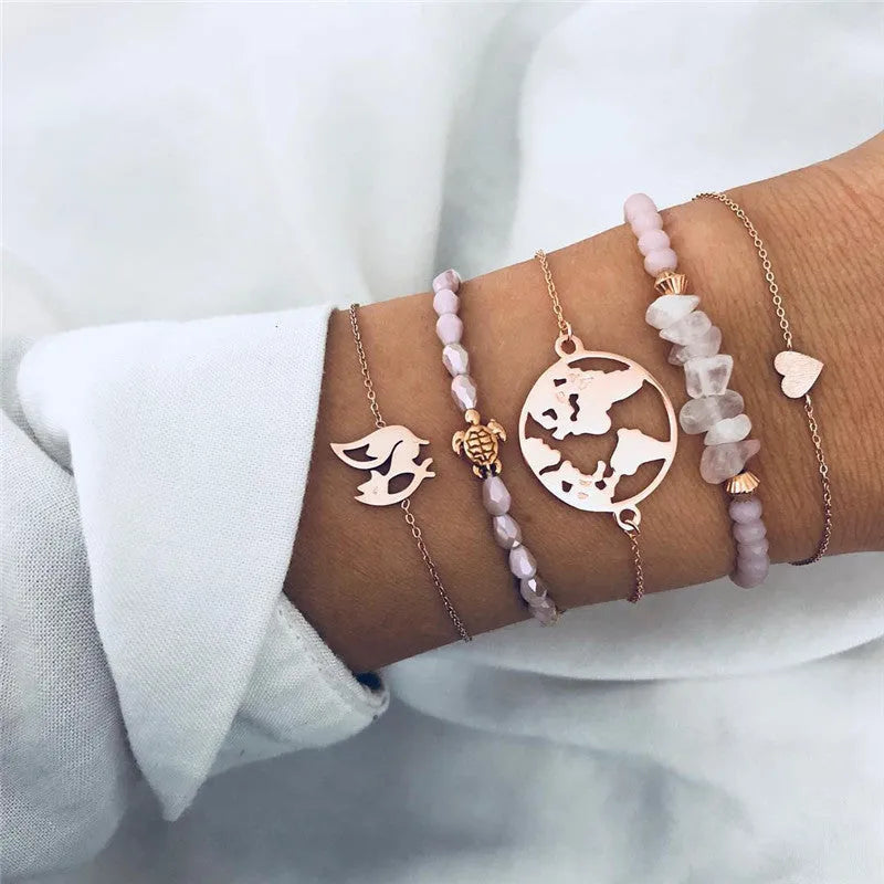Bohemian bracelet set with alloy vintage bead and boho charm design in bow love style for women