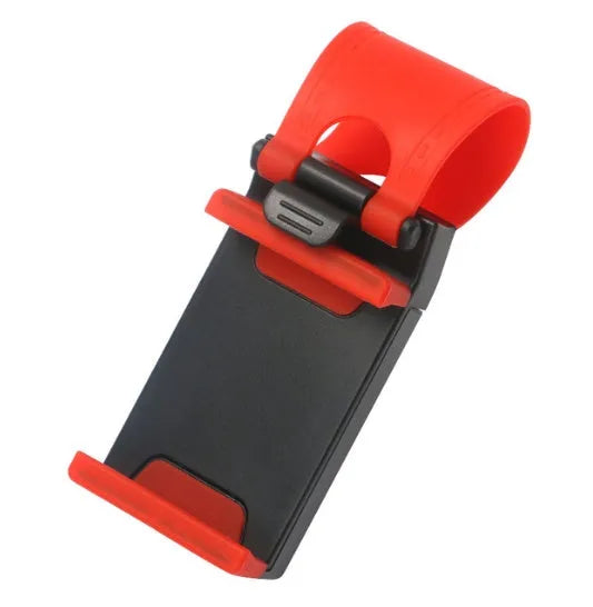 Black car steering wheel phone clip mount holding smartphone for GPS navigation