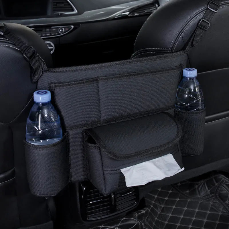 Black leather car seat hanging storage bag with tissue box between car armrests
