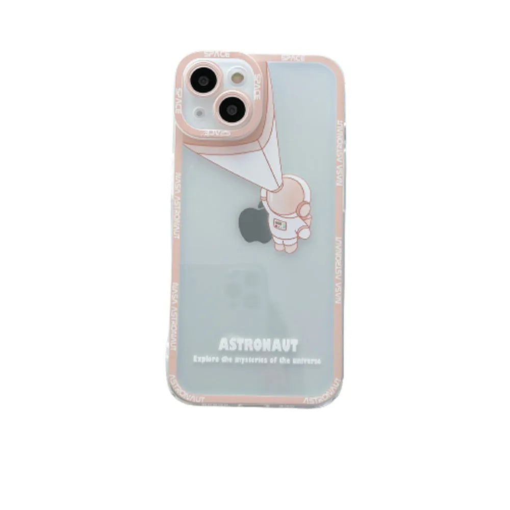 Transparent iPhone case with blue astronaut print showing phone through clear silicone and TPU material