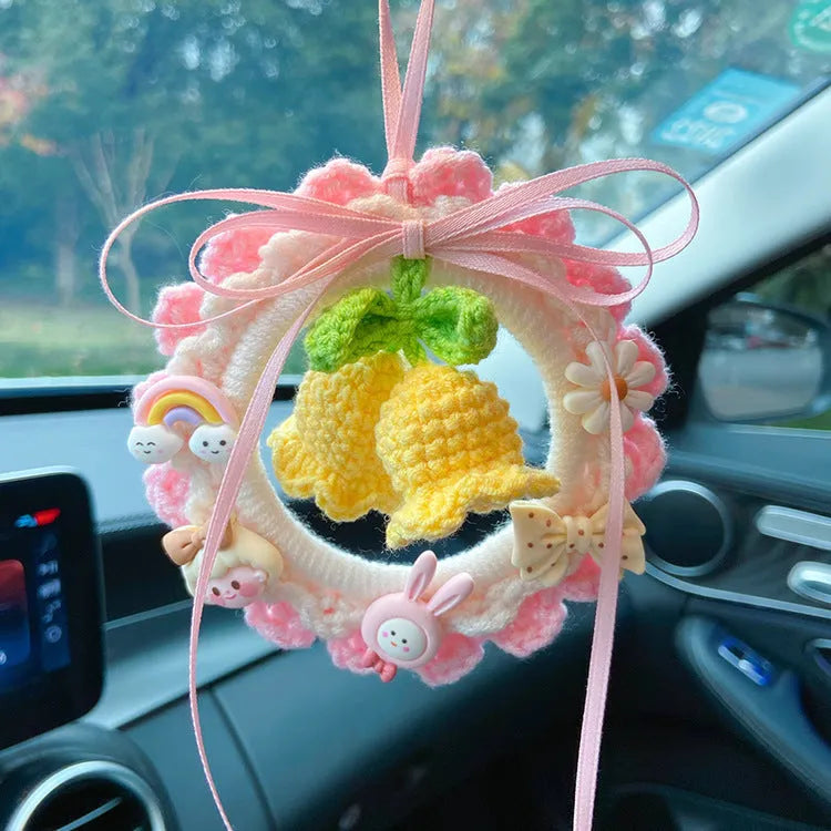 Woven wool bell orchid car pendant in green, pink, purple, or yellow, some with dream catcher